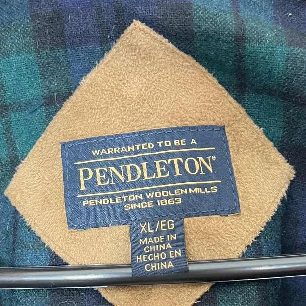 PENDLETON Coat Navy Blue Full Zip Teddy Jacket Wool Plaid Flannel Accents XL